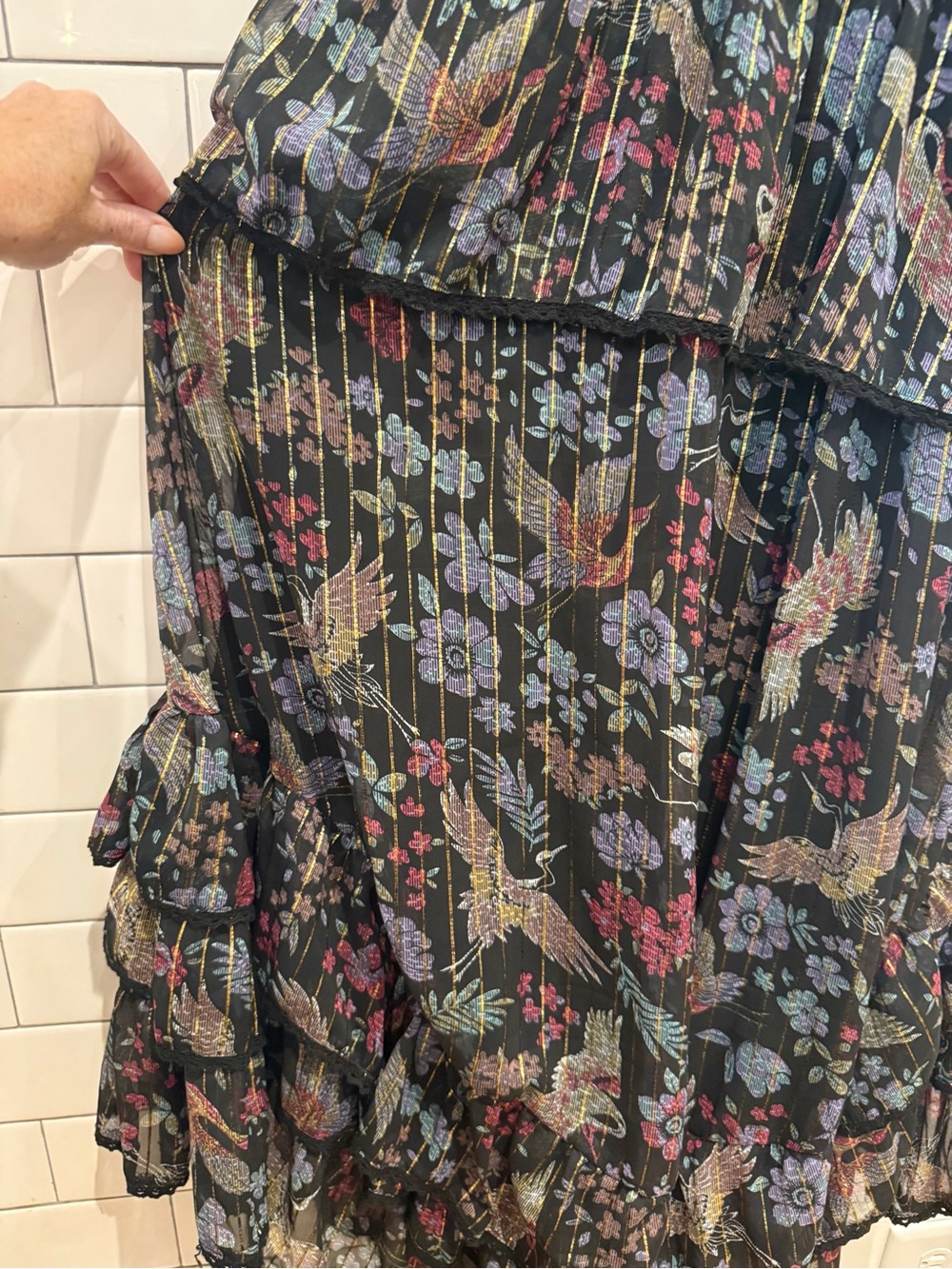 Angie Metallic Thread Floral Tiered Ruffle Maxi Dress Size M - Picture 6 of 10